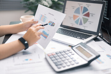 Finance bank tax expense accounting budget money businessman hand use calculator Financial...
