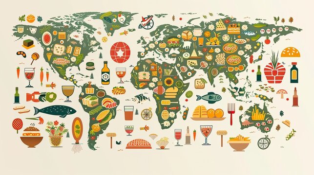 Global Cuisine: A world map with food icons like sushi, tacos, and pasta