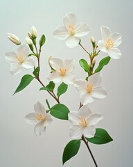 Naklejka premium White jasmine flowers with green leaves, isolated on a pure white background, captured with fine details and soft blur to highlight delicate textures and colors.