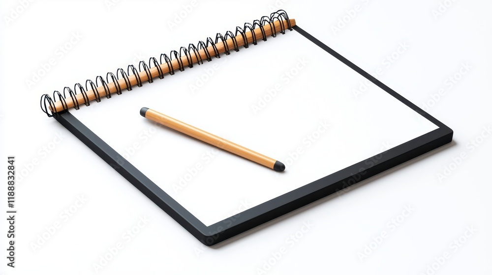 Poster A blank spiral notebook with a pencil resting on its side, ready for notes or sketches, set against a plain background.