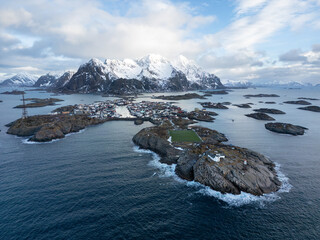 Aerial photo of Henningsvær, a fishing village in Norway, winter season
