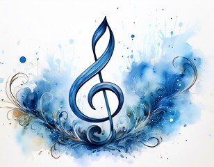 Treble key, treble clef illustration watercolor blue note, range, music