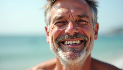Joyful senior man with gray hair and beard, beaming with happiness at the beach under the sun
