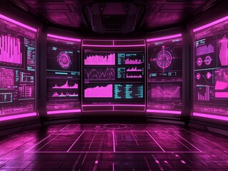 A sleek futuristic digital analysis dashboard with vibrant pink displays, showcasing data visualizations and analytics in high tech environment