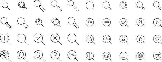 Collection of Magnifying Glass Related Line Icons. Outline Signs for Graphic and Web Design, Apps, Adverts, Various Cards