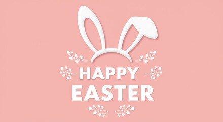 Happy Easter greeting with bunny ears and pastel pink floral background