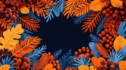 Vibrant Autumnal Floral Frame: A Digital Artwork of Blue and Orange Leaves