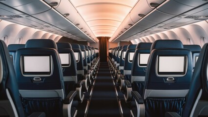airplane interior, empty seats, aisle view, symmetrical composition, soft lighting, warm glow, commercial aircraft cabin, economy class, blue upholstery, overhead compartments, cinematic atmosphere, v