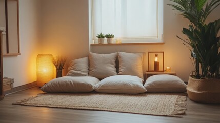 Naklejka premium A designer styling a cozy reading nook, with plush cushions, a soft rug, and a warm lamp to create a tranquil, inviting space for reading