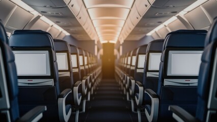 airplane interior, empty seats, aisle view, symmetrical composition, soft lighting, warm glow, commercial aircraft cabin, economy class, blue upholstery, overhead compartments, cinematic atmosphere, v