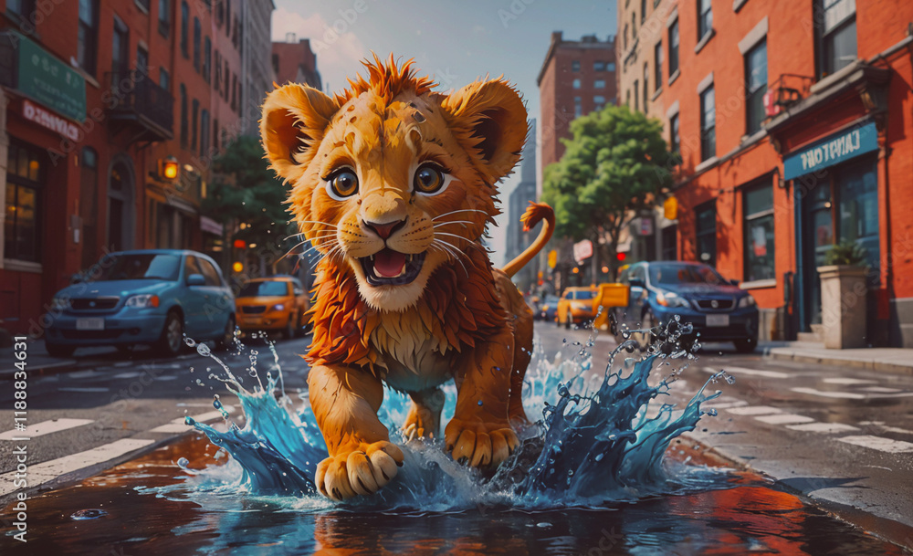 Poster cartoon lion is running through a puddle of water. the lion is in the middle of the puddle and is su