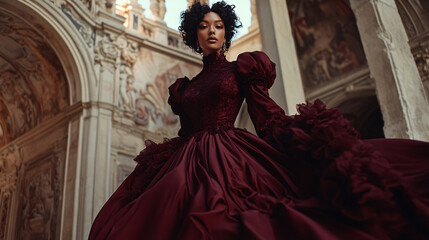 Naklejka premium Elegant Woman in Burgundy Gown in Historic Palace