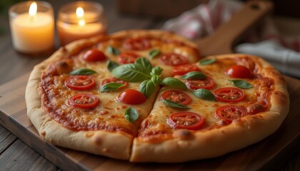 Margherita pizza with basil on wooden table.