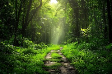 Obraz premium Sunset in the mountains with trees and green grass