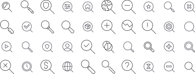Magnifying Glass Thin Line Icon Set. Outline Signs for Graphic and Web Design, Apps, Adverts, Various Cards