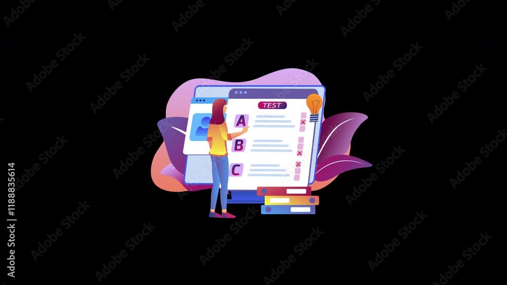 Poster a young woman working on an online test with a computer in a colorful 2d style.