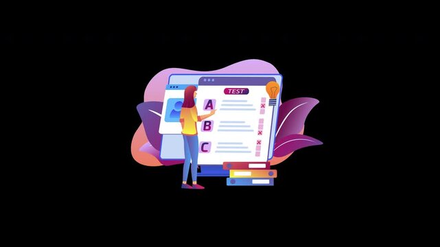 A young woman working on an online test with a computer in a colorful 2D style.