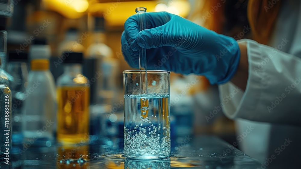 Poster close-up of gloved hand using pipette to add liquid to beaker in lab.