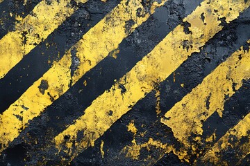 Close-up of weathered, yellow warning stripes on dark surface