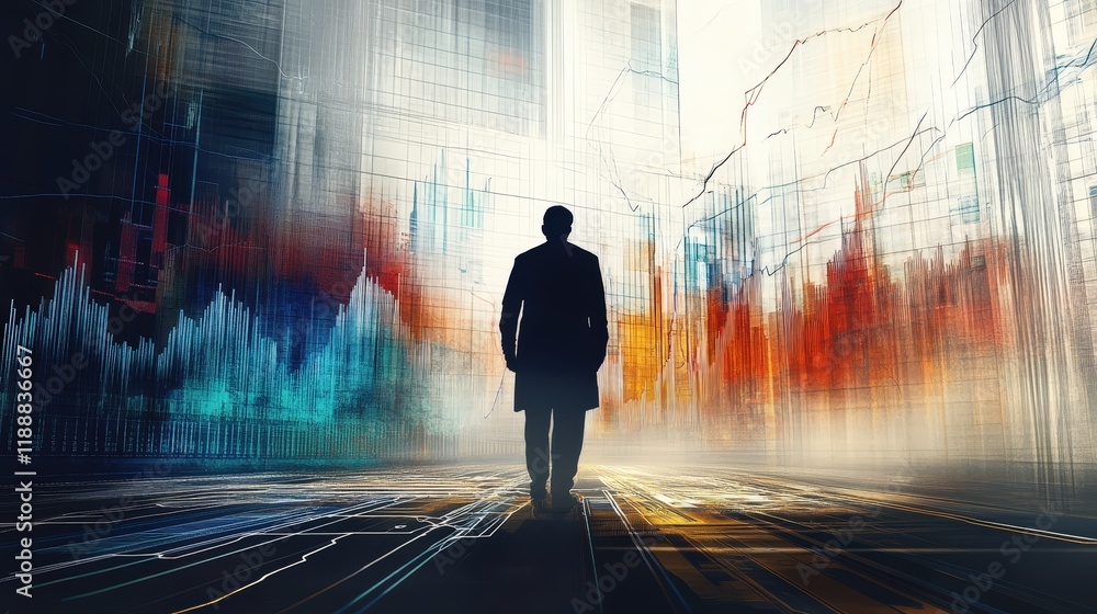 Poster silhouette of a businessman against a colorful abstract background with graphs