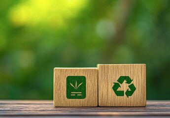 Green symbols on wooden blocks against a blurred green background.  Sustainable living.