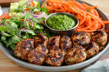 seekh kababs made from spiced minced mutton, served with a side of tangy green chutney and a colorful salad, creating an appetizing feast