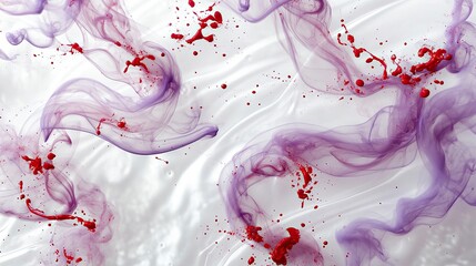 **Ribbon-like coils of translucent lavender smoke surrounding glossy red ink splatters
