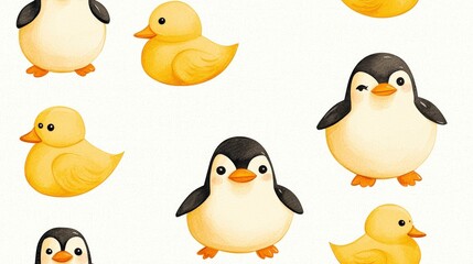 Cute Hand-Drawn Penguins and Ducks in Cheerful Patterns on White Background for Design Projects