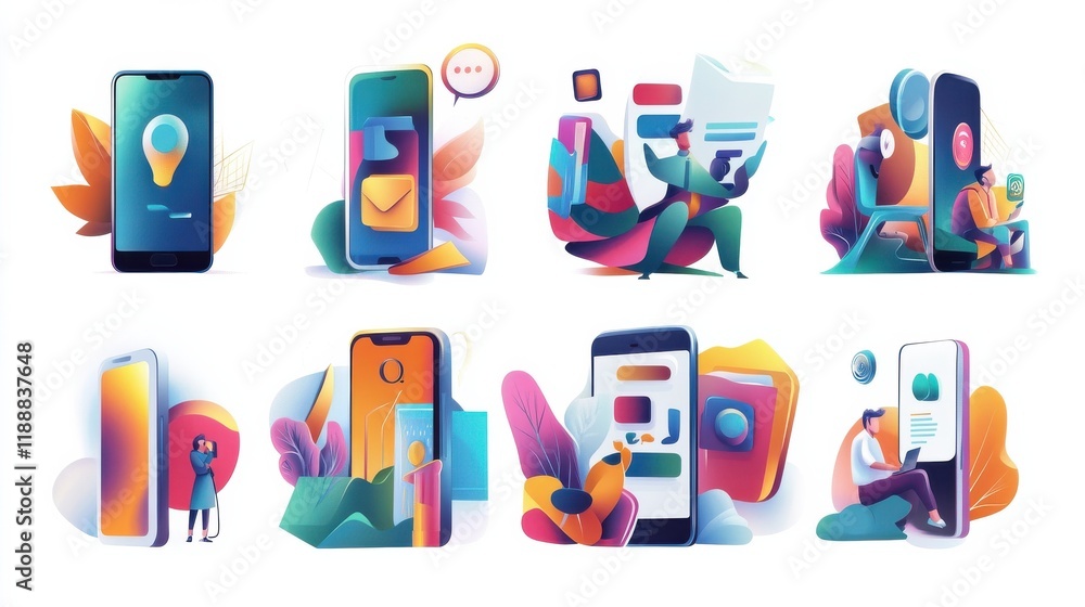 Poster smartphone voice application abstract concept vector illustration set. chatbot voice controlled virt