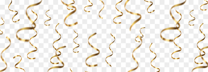 Vector realistic gold serpentine, falling spiral serpentine isolated on png background. Vector flying luxury serpentine pieces. Falling curly ribbons, festive decor elements for party, birthday