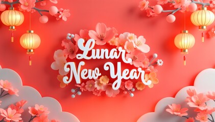 Elegant Lunar New Year Design with Cherry Blossoms, Lanterns, and Festive Typography