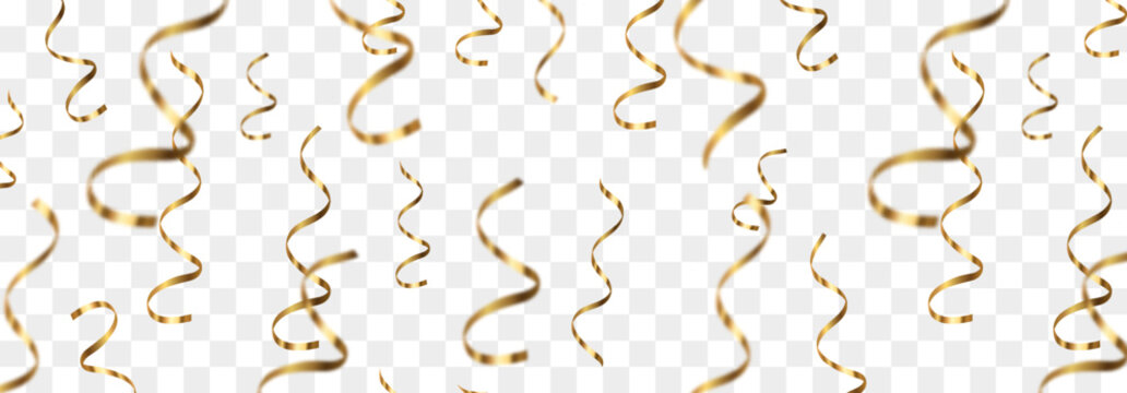 Vector realistic gold serpentine, falling spiral serpentine isolated on png background. Vector flying luxury serpentine pieces. Falling curly ribbons, festive decor elements for party, birthday
