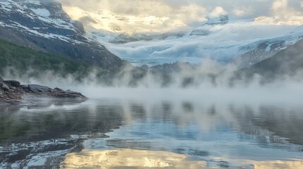 Fototapeta premium Tranquil Body of Water Surrounded by Lush Greenery and Softly Rippling Waves Reflecting the Clear Blue Sky Creating a Serene Natural Environment