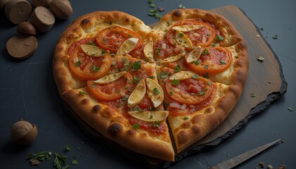 Heart-shaped pizza with cherry tomatoes, olives, and basil.