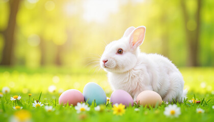 Fototapeta premium White rabbit with pastel Easter eggs on green grass in sunlight.