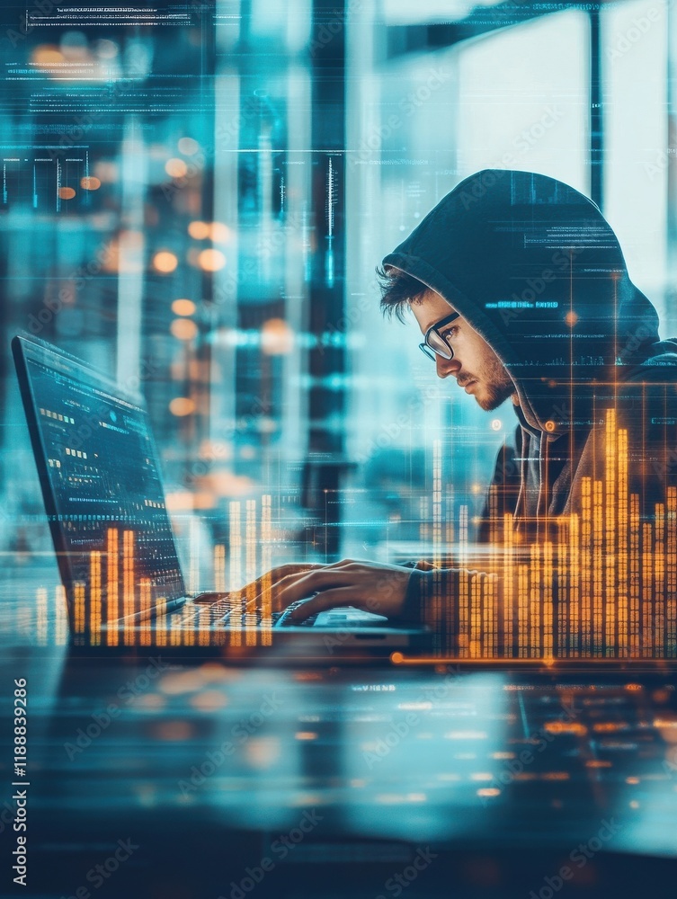 Poster hacker in hoodie using laptop with abstract creative business charts and binary code on blurry offic
