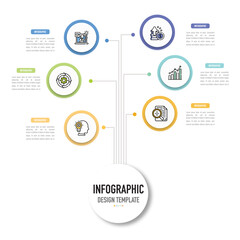 Circular mind map infographic template or element with 6 step, process, option, colorful circle, icons, label, thin line, paper origami, minimal, modern style for poster, sale slide, flowchart, web