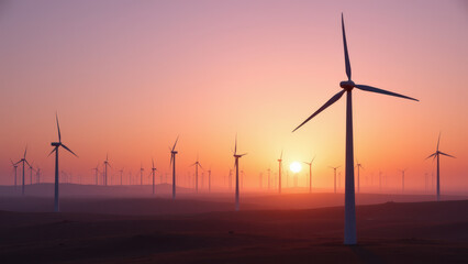 Obraz premium Large-scale wind farm at sunset, symbolizing renewable energy and sustainability.