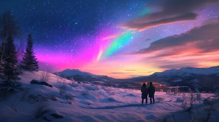 Fototapeta premium Couple admiring the northern lights in a serene snow-covered field, vibrant colors illuminating the night sky, tranquil winter landscape