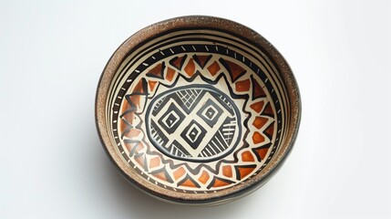 A hand-painted ceramic plate with tribal patterns and earthy tones displayed against a white background.