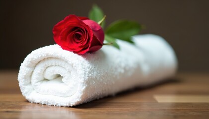 Fresh white rolled towel, single red rose atop, hotel, white
