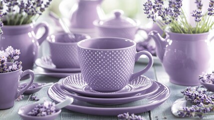 Lavender Tea Party- Elegant Purple Teacups and Saucers with Lavender Flowers