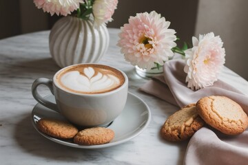 Cozy coffee scene, latte art, ceramic cup and saucer, butter cookies, pastel pink flowers, dahlia blooms, ribbed vase, soft natural light, white tablecloth, hygge atmosphere, muted tones, vintage aest