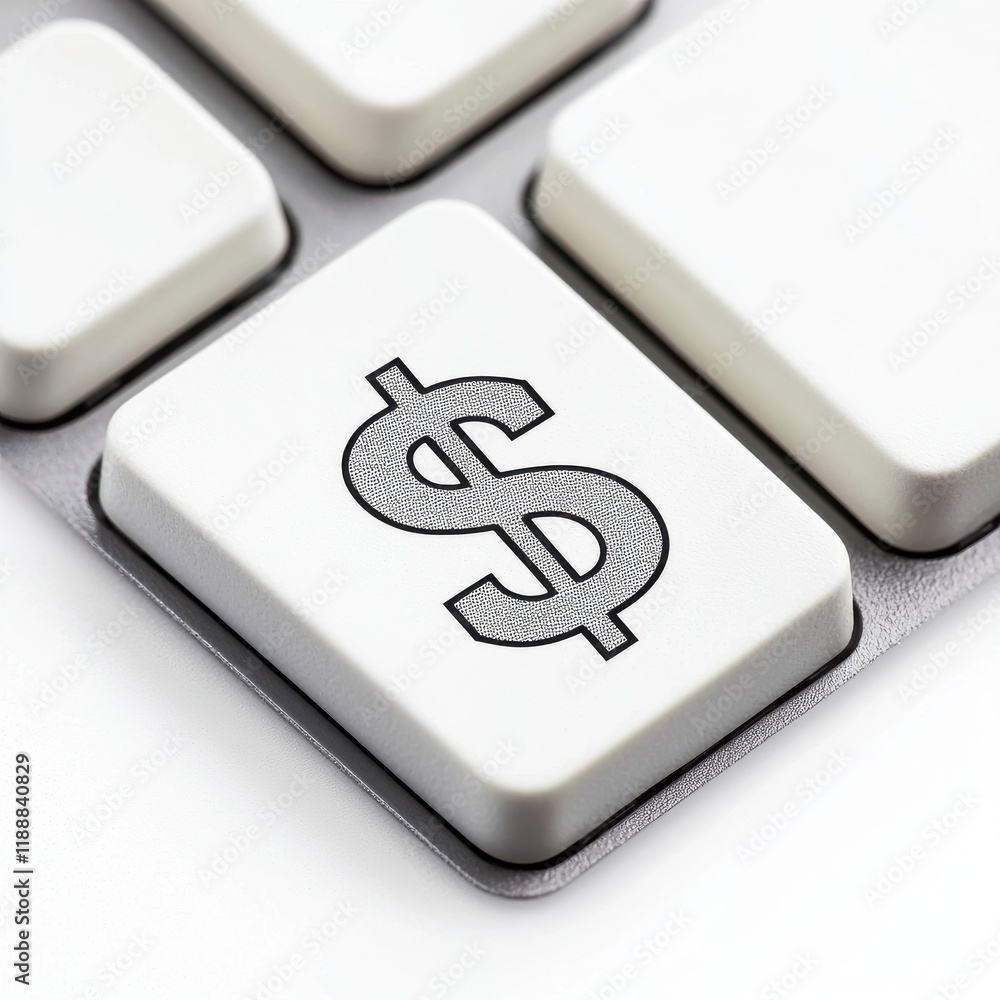 Poster a close-up of a keyboard key featuring a dollar sign, symbolizing finance and monetary transactions.