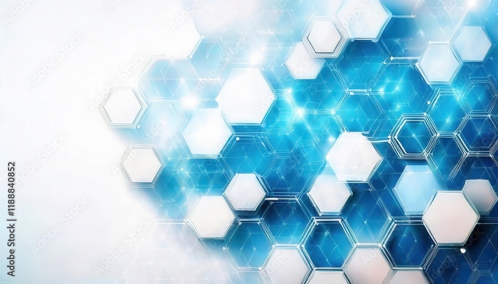 Poster abstract blue hexagonal pattern with gradient light effect, futuristic geometric design, perfect for technology background or digital interfaces