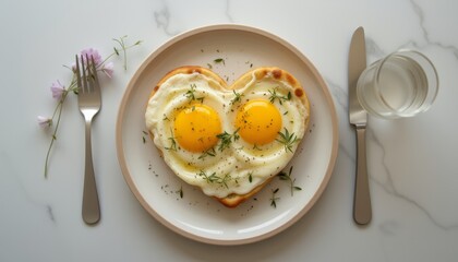 Toasted bread with heart-shaped egg and fresh herbs.