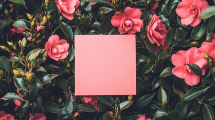 Pink note surrounded by vibrant camellia flowers in garden setting