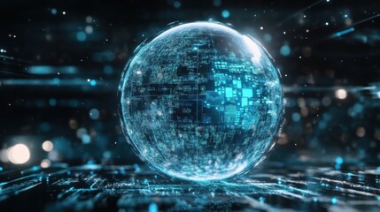 A round ball with AI text is one example of the use of artificial intelligence banner technology based on data science and innovation in Internet cyberspace. illustration