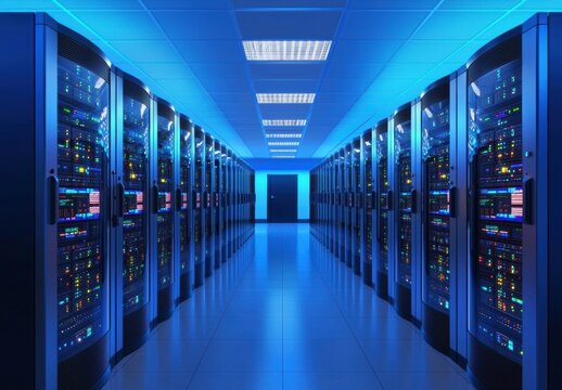 Futuristic Data Center with Rows of Server Racks and Blue Lighting