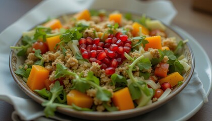 Heart-shaped noodle salad with chickpeas and pomegranate.